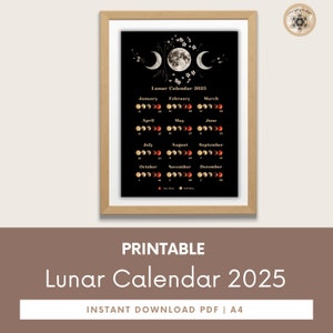 Moon Calendar 2025, Lunar Calendar 2025, 2025 Calendar Printable, Moon Phase Calendar, Instant Download