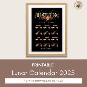Moon Calendar 2025, Lunar Calendar 2025, 2025 Calendar Printable, Moon Phase Calendar, Instant Download