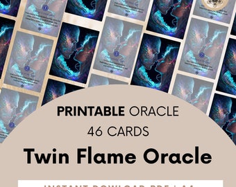 May include: Printable Twin Flame Oracle cards with 46 cards in total. The cards feature a blue and purple abstract design with a couple facing each other. The text "Printable Oracle 46 Cards Twin Flame Oracle Instant Download PDF | A4" is at the bottom of the image.