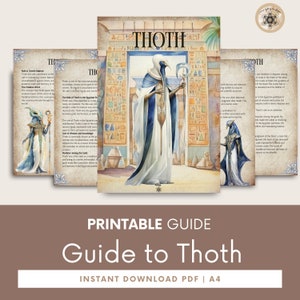 Op de afbeelding: Printbare gids over Thoth, een Egyptische god, met een illustratie van Thoth in een witte robe die een staf vasthoudt. De gids is een direct downloadbare PDF in A4-formaat.
