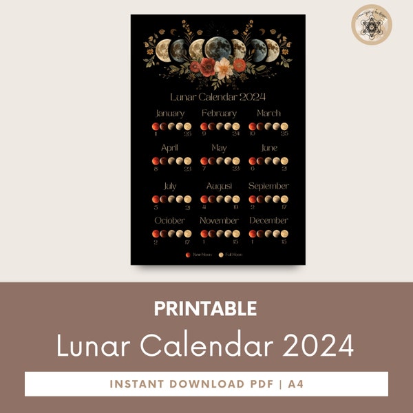 Moon Calendar 2024, Lunar Calendar 2024, 2024 Calendar Printable, Moon Phase Calendar, Instant Download