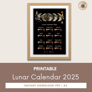 Moon Calendar 2025, Lunar Calendar 2025, 2025 Calendar Printable, Moon Phase Calendar, Instant Download