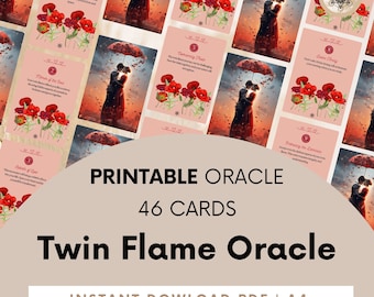 Op de afbeelding: Printbare Twin Flame Oracle-set met 46 kaarten. De kaarten tonen een stel onder een paraplu met rode klaprozen op de achtergrond. De tekst op de kaarten omvat "Divine Correction", "Spiegel van de ziel", "Ceremonie Pass", "Dawn Song", "Embracing the Darkness" en "Sacred Union".