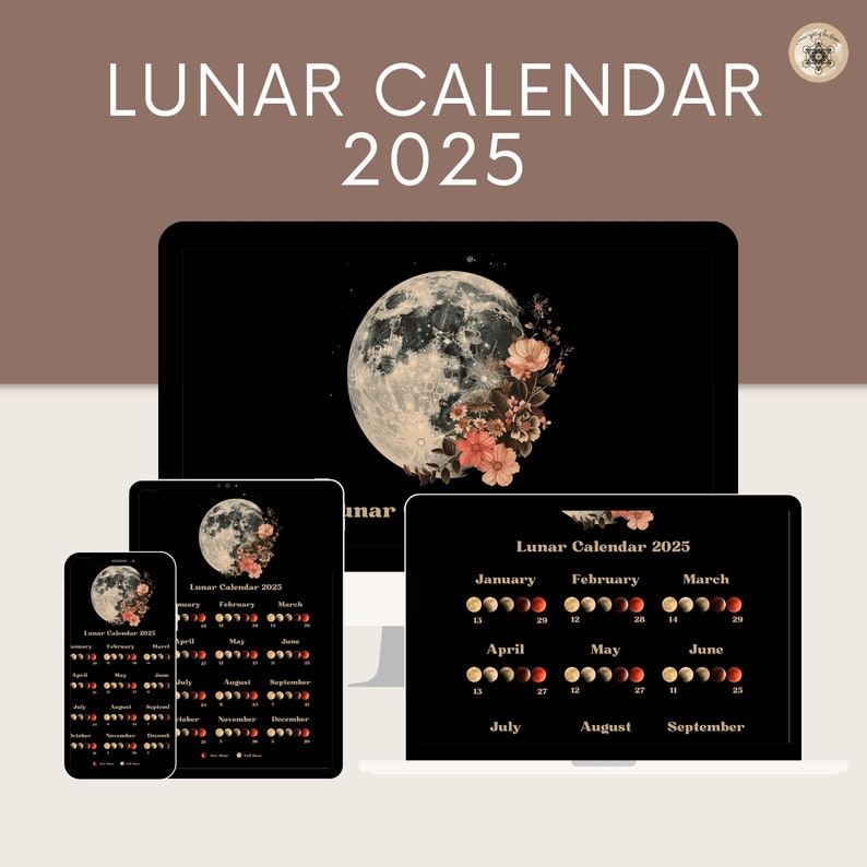 Moon Calendar 2025, Lunar Calendar 2025, 2025 Calendar Printable, Moon Phase Calendar, Instant