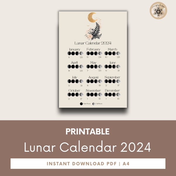 Moon Calendar 2024, Lunar Calendar 2024, 2024 Calendar Printable, Moon Phase Calendar, Instant Download