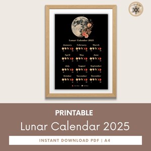 Moon Calendar 2025, Lunar Calendar 2025, 2025 Calendar Printable, Moon Phase Calendar, Instant Download