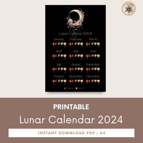 Moon Calendar 2024, Lunar Calendar 2024, 2024 Calendar Printable, Moon Phase Calendar, Instant Download