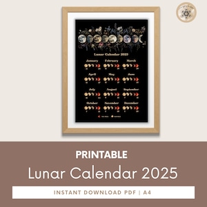 Moon Calendar 2025, Lunar Calendar 2025, 2025 Calendar Printable, Moon Phase Calendar, Instant Download