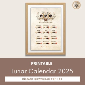 Moon Calendar 2025, Lunar Calendar 2025, 2025 Calendar Printable, Moon Phase Calendar, Instant Download