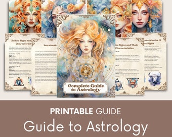 Puede incluir: Una guía de astrología imprimible con ilustraciones de acuarela de los signos del zodíaco. La guía incluye información sobre los signos del zodíaco, sus características y los planetas en los 12 signos del zodíaco. El título de la guía es "Guía completa de astrología".