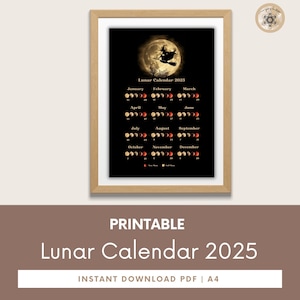 Moon Calendar 2025, Lunar Calendar 2025, 2025 Calendar Printable, Moon Phase Calendar, Instant Download
