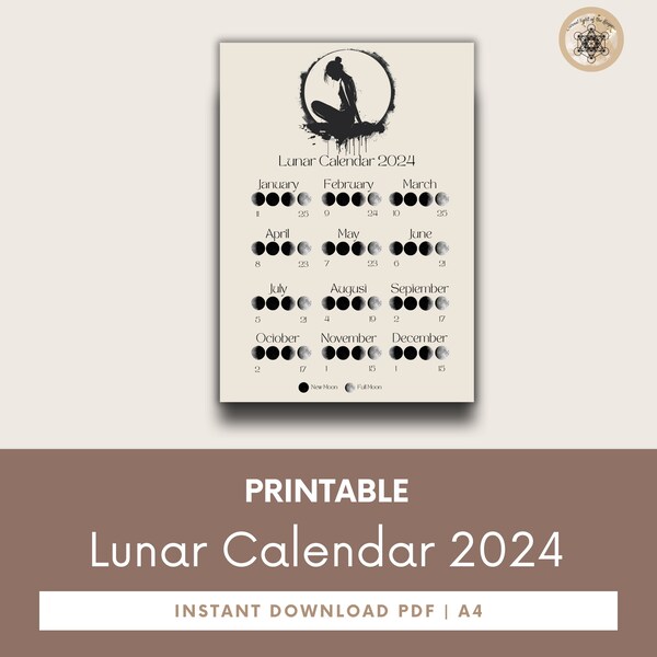 Moon Calendar 2024, Lunar Calendar 2024, 2024 Calendar Printable, Moon Phase Calendar, Instant Download