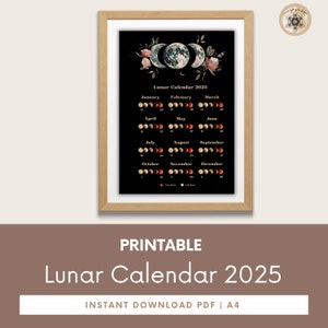 Moon Calendar 2025, Lunar Calendar 2025, 2025 Calendar Printable, Moon Phase Calendar, Instant Download