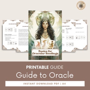 May include: A printable guide to oracle readings with a colorful illustration of a woman holding cards. The guide includes information on basic reading methods and advanced techniques. The text on the cover reads "Basics for Oracular Readings" and "Printable Guide to Oracle".