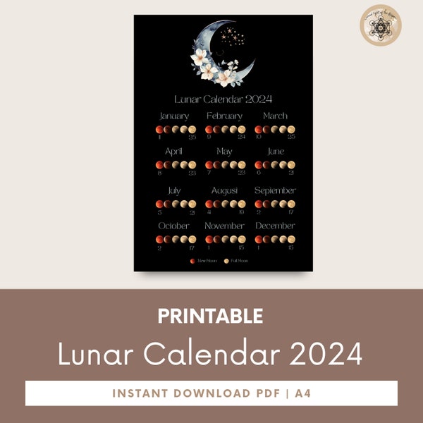 Moon Calendar 2024, Lunar Calendar 2024, 2024 Calendar Printable, Moon Phase Calendar, Instant Download