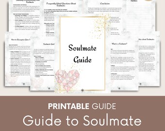 May include: Printable guide to soulmates with a pink and white geometric heart design. The guide includes information on recognizing soulmates, building relationships, and frequently asked questions about soulmates.