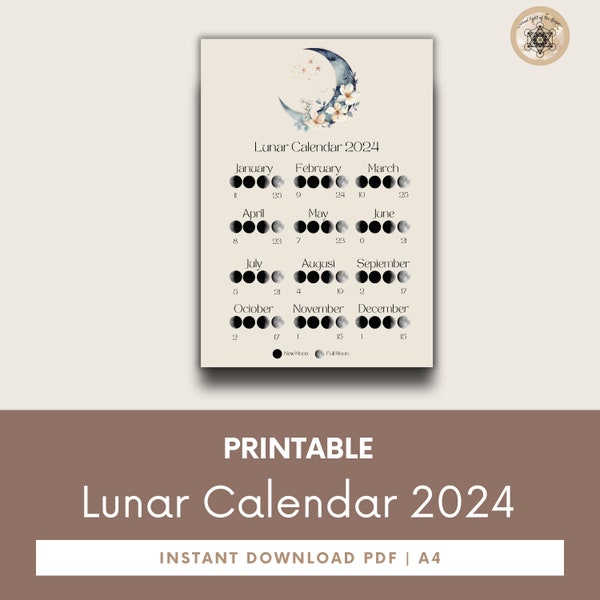 Moon Calendar 2024, Lunar Calendar 2024, 2024 Calendar Printable, Moon Phase Calendar, Instant Download