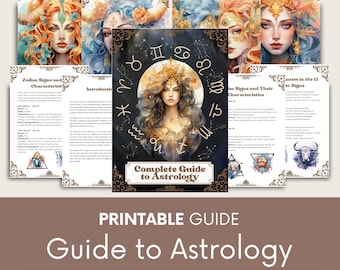 Puede incluir: Una guía de astrología imprimible con una ilustración de acuarela de una mujer con una corona de estrellas. La guía incluye información sobre los signos del zodíaco, los planetas y sus características. El texto de la portada dice "Guía completa de astrología".