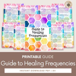 Puede incluir: Una guía imprimible sobre frecuencias de sanación con un fondo de acuarela colorido de formas hexagonales. La guía incluye información sobre cómo usar las frecuencias de sanación, la conexión entre las frecuencias y los chakras, herramientas y recursos para trabajar con las frecuencias de sanación, la ciencia detrás de las frecuencias de sanación y los beneficios de usar las frecuencias de sanación. La guía está disponible como descarga instantánea en formato PDF.
