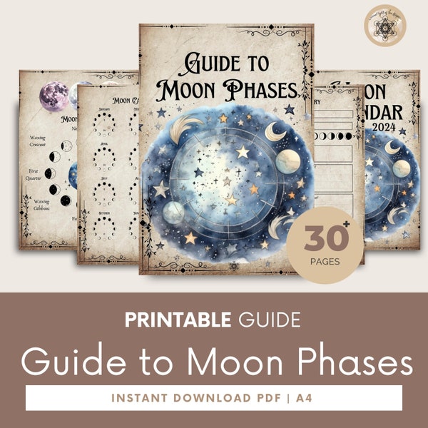 Moon Phases, Lunar Moon Phases, 2024 Lunar Calendar, Lunar Cycle Calendar, Lunar Phases, Printable Grimoire Pages.