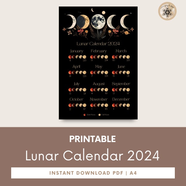 Moon Calendar 2024, Lunar Calendar 2024, 2024 Calendar Printable, Moon Phase Calendar, Instant Download