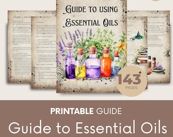 May include: A printable guide to using essential oils with a watercolor illustration of bottles of essential oils and herbs. The guide is 143 pages long and is available for instant download as a PDF in A4 size.