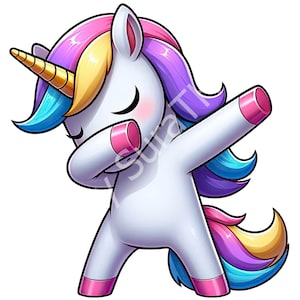 May include: A cartoon unicorn with a pink, blue, and yellow mane and tail is doing the dab dance. The unicorn has a pink horn and closed eyes.