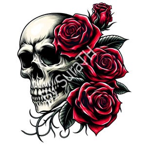 May include: A white human skull with a detailed, realistic design is surrounded by four red roses with green leaves and stems. The roses are arranged around the skull, creating a dramatic and symbolic image.