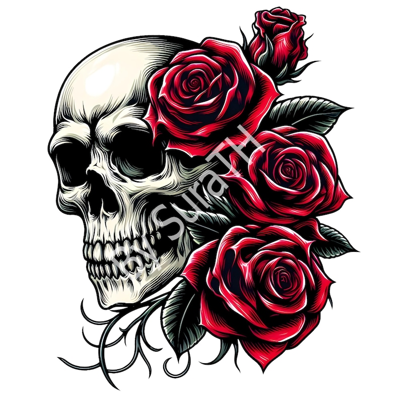 Skull With Red Rose PNG, Skeleton Floral Valentine's Day, Digital ...