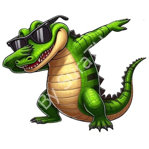 Könnte beinhalten: Cartoon-Illustration eines grünen Alligators mit schwarzer Sonnenbrille, der mit dem rechten Arm dabbt. Der Alligator hat einen beigen Bauch und ein grinsendes Maul. Das Bild ist vor weißem Hintergrund.