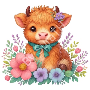 Baby Highland Cow Flowers PNG, Cute Baby Highland Cow Floral, Cute Highland Cow, Girl Highland Cow, Digital Download, Sublimation, Printable