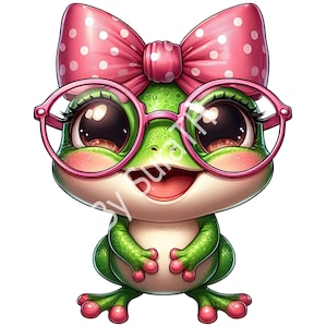 Puede incluir: Una rana verde con gafas redondas rosas y un lazo rosa con lunares blancos. La rana tiene ojos grandes y negros y una amplia sonrisa.