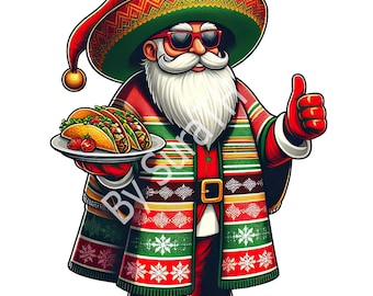 Mexican Santa PNG, Mexican Christmas Clipart, Feliz Navidad, Santa Digital Download,  Santa Tacos, Mexican Taco Printable, Sublimation