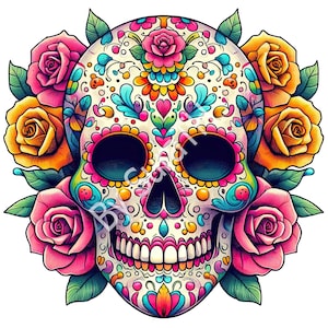 Sugar Skull fleurs PNG, des cliparts le jour des morts, Dia De los Muertos, Halloween mexicain, tête de mort mexicaine, tête de mort en téléchargement numérique, imprimable