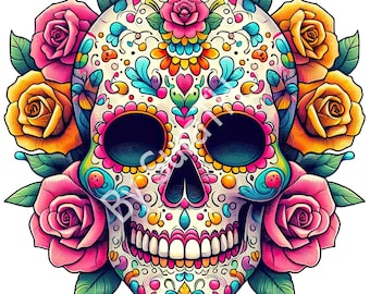 Flores de caveira mexicana PNG, Clipart do Dia dos Mortos (Download digital)