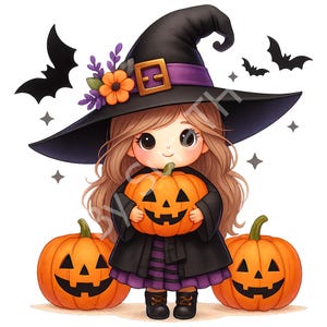 Puede incluir: Ilustración de dibujos animados de una joven bruja sosteniendo una calabaza naranja tallada, rodeada de otras dos calabazas. Lleva un sombrero de bruja negro con una banda morada y una capa negra. Murciélagos y estrellas en el fondo, tema de Halloween.