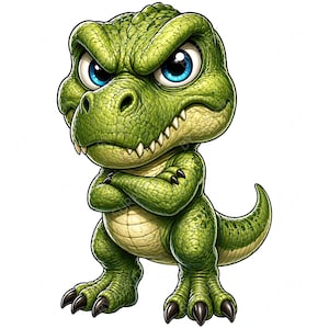 Puede incluir: Ilustración de dibujos animados de un dinosaurio verde con expresión de enfado. El dinosaurio tiene grandes ojos azules, dientes afilados y los brazos cruzados. El dinosaurio está de pie con los pies firmemente plantados en el suelo.