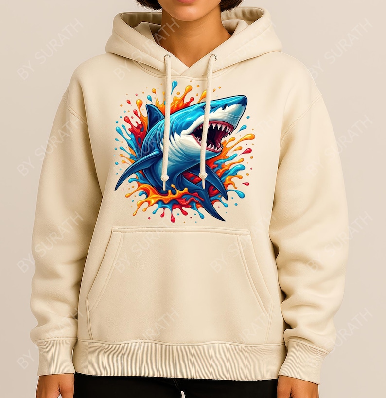 K&ouml;nnte beinhalten: Ein cremefarbener Kapuzenpullover mit einer auff&auml;lligen Grafik eines blauen Hais mit offenem Maul, umgeben von farbenfrohen Spritzern in Rot, Orange, Gelb und Blau. Der Kapuzenpullover hat eine Kapuze mit Kordelzug und eine Vordertasche.