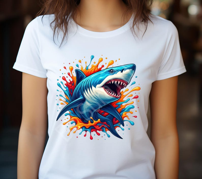 K&ouml;nnte beinhalten: Wei&szlig;es T-Shirt mit einem auff&auml;lligen Grafikdesign eines blauen Hais mit offenem Maul, umgeben von farbenfrohen Spritzern in Rot, Orange und Blau. Das Haidesign ist detailliert und lebendig, geeignet f&uuml;r den t&auml;glichen Gebrauch.