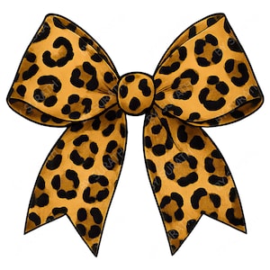 May include: A digitally rendered bow with a leopard print pattern. The bow features a tan background with black spots, and is tied in the center. The bow's design is symmetrical, with two loops and two streamers.