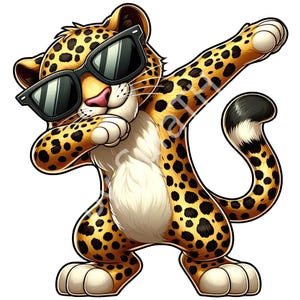 May include: A cartoon illustration of a leopard dabbing, wearing black sunglasses. The leopard has a yellow and black spotted coat, a pink nose, and white paws. The image is on a white background.