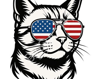 Puede incluir: Ilustración en blanco y negro de un gato con gafas de sol. Las lentes de las gafas presentan el diseño de la bandera estadounidense en rojo, blanco y azul. El pelaje del gato está detallado con rayas y marcas negras.