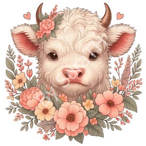 Cute Highland Cow PNG, Highland Cow Floral, Baby Highland Cow Flowers, Girl Highland Cow, Digital Download, Sublimation, Printable