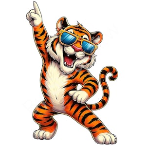 Peut inclure: Un tigre de dessin animé avec des rayures orange et noires, portant des lunettes de soleil jaunes et pointant vers le haut avec une patte. Le tigre sourit, la bouche ouverte, et sa queue est enroulée.