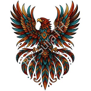 Könnte beinhalten: Detaillierte Illustration eines Phönix mit ausgebreiteten Flügeln. Der Vogel hat eine lebendige Farbpalette aus Rot, Orange, Türkis und Gelb. Das Design umfasst komplizierte Federmuster und dekorative Elemente auf weißem Hintergrund.