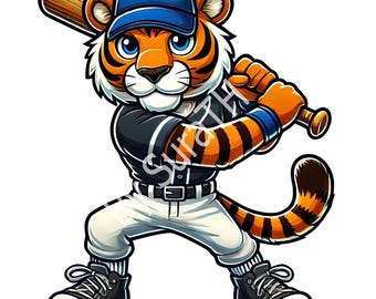 Cartoon Tiger Baseball Mascot PNG: Sublimation Clipart (Digital Download)