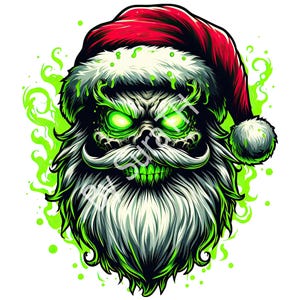 Könnte beinhalten: Eine grüne und weiße Illustration eines Schädels, der einen roten Weihnachtsmann-Hut mit weißem Besatz trägt. Der Schädel hat leuchtend grüne Augen und ein bedrohliches Grinsen. Der Hintergrund ist ein grüner und weißer Wirbel.