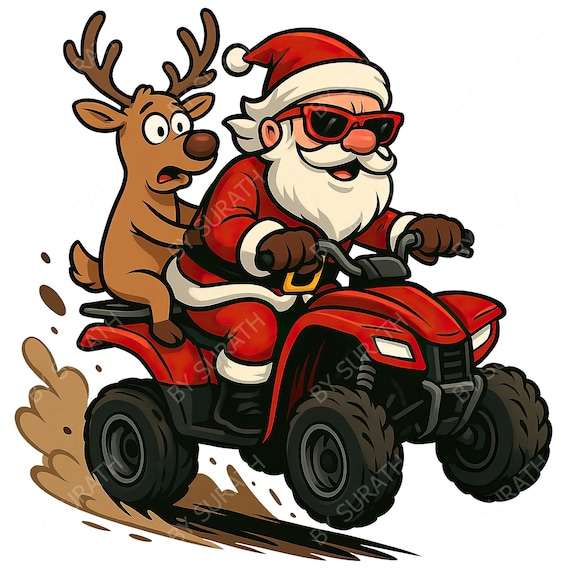 ATVに乗る面白いサンタさん PNG、3つのデザイン、サンタさんの