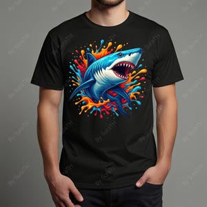 K&ouml;nnte beinhalten: Schwarzes T-Shirt mit einer auff&auml;lligen Grafik eines blauen Hais mit offenem Maul, umgeben von farbenfrohen Spritzern in Rot, Orange und Gelb. Das Design ist detailliert und auff&auml;llig, geeignet f&uuml;r den t&auml;glichen Gebrauch.