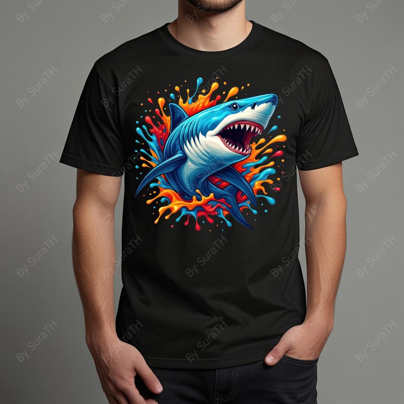 K&ouml;nnte beinhalten: Schwarzes T-Shirt mit einer auff&auml;lligen Grafik eines blauen Hais mit offenem Maul, umgeben von farbenfrohen Spritzern in Rot, Orange und Gelb. Das Design ist detailliert und auff&auml;llig, geeignet f&uuml;r den t&auml;glichen Gebrauch.